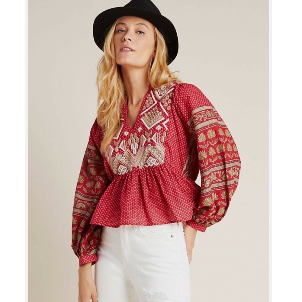 Anthropologie Keira Embroidered Peplum Blouse Bohemian Red Womens 4